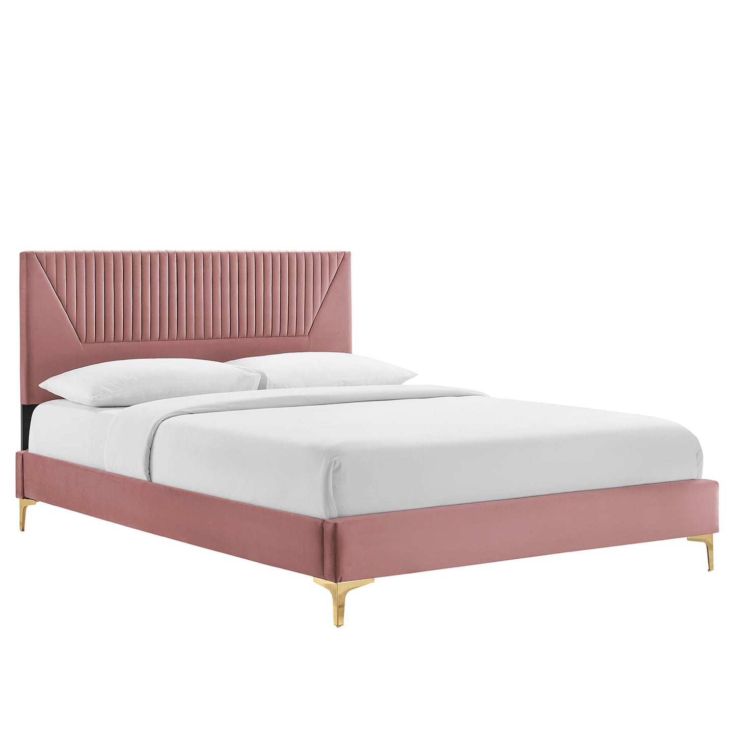 Dusty-rose velvet upholstered platform bed with vertical tufted headboard, gold legs, and white bedding.