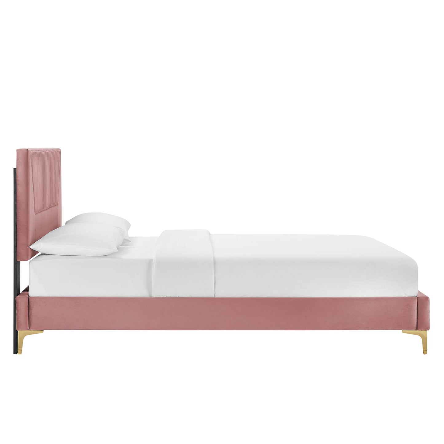 Dusty Rose velvet upholstered king platform bed with a tall channel-tufted headboard, gold legs, and white bedding.