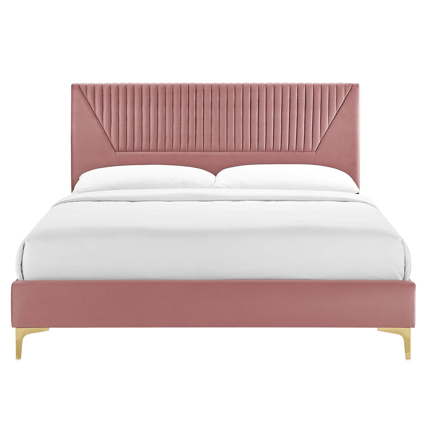Dusty rose velvet upholstered bed with tall, channel-tufted headboard, low footboard and gold metal legs, white bedding.