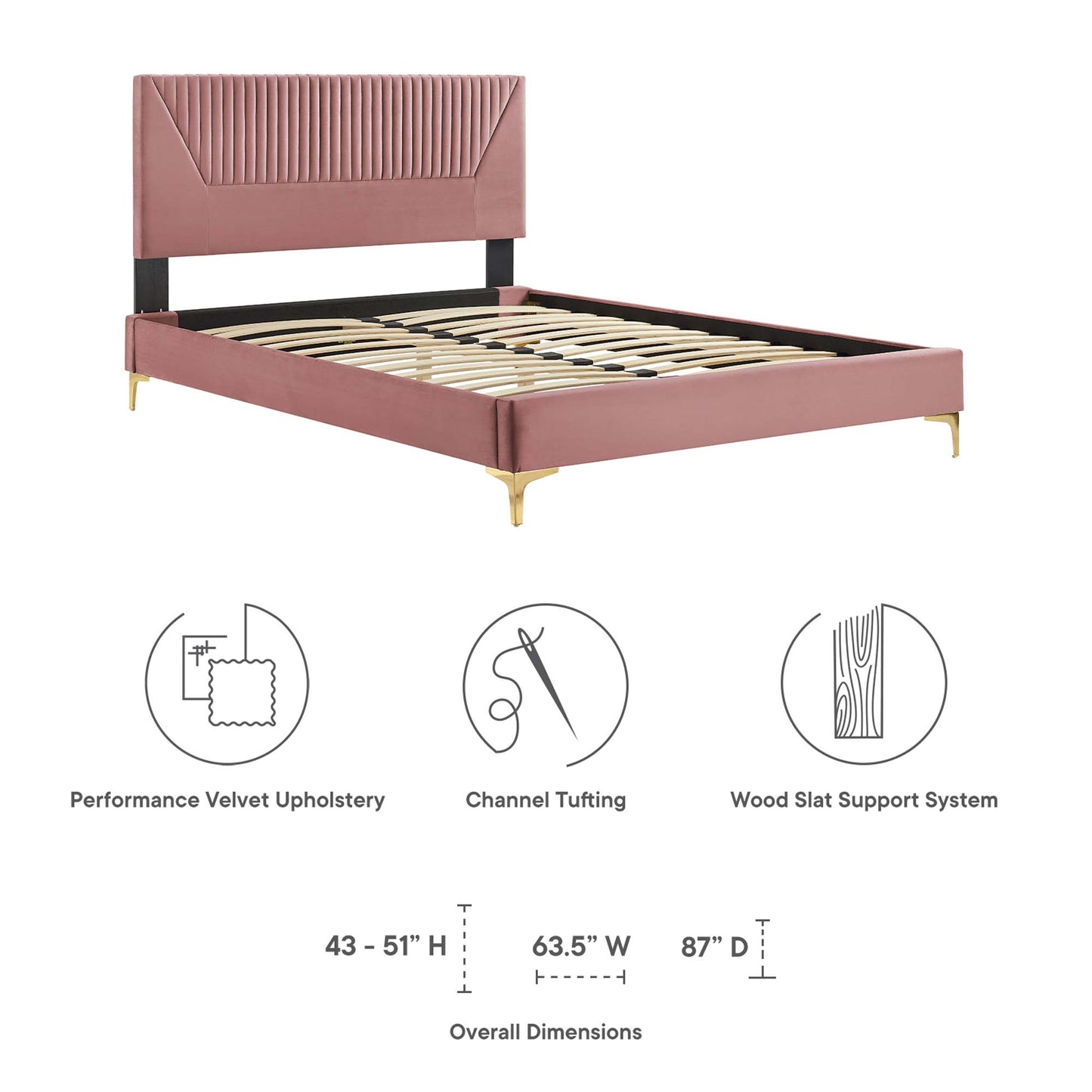 Upholstered mauve velvet platform bed with channel-tufted headboard, black rails, gold legs, wood slat support.
