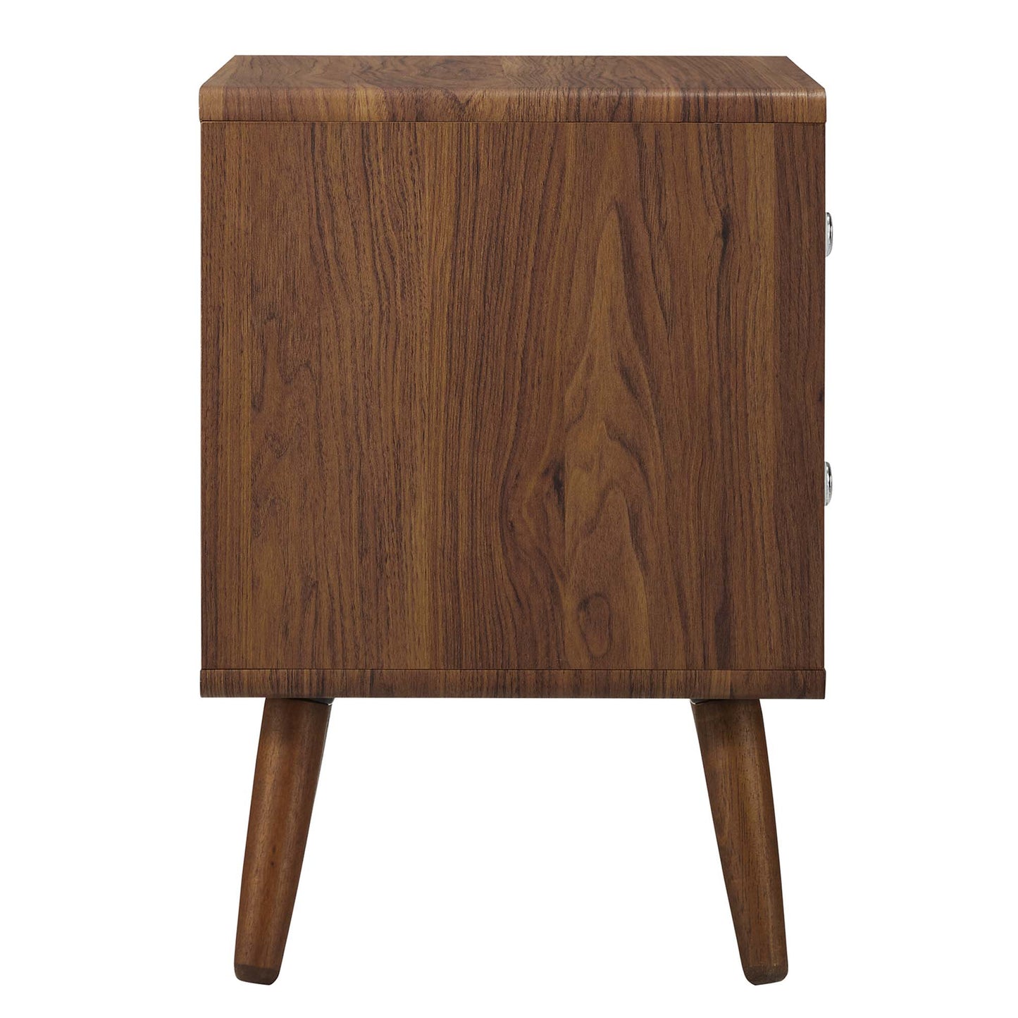 White mid-century modern nightstand with two drawers and tapered legs.