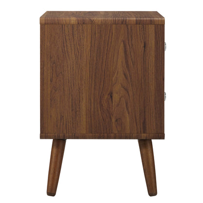 White mid-century modern nightstand with two drawers and tapered legs.