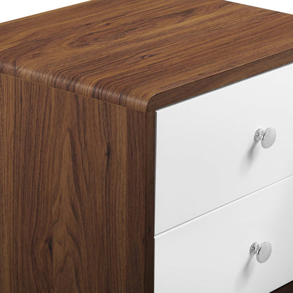 White 2-drawer nightstand with clear glass knobs and a rounded top edge.