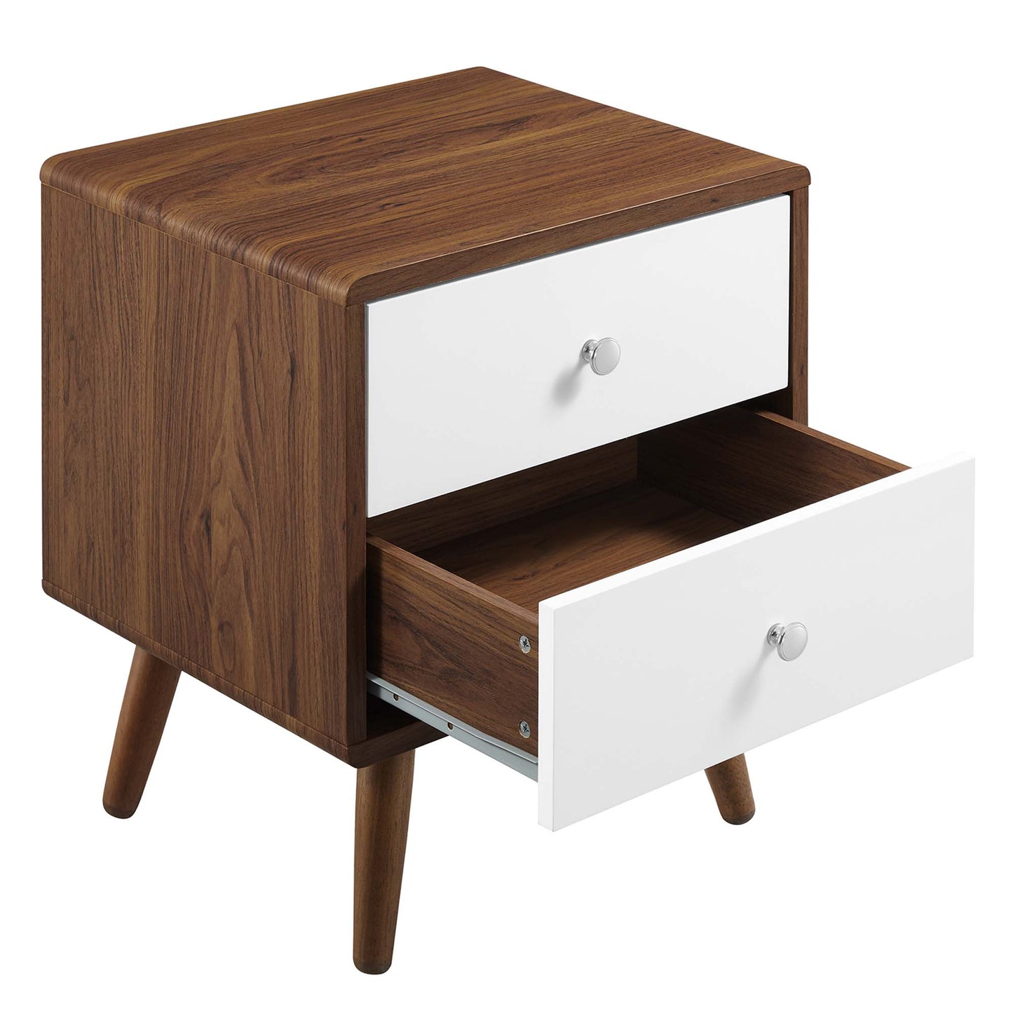 White mid-century 2-drawer nightstand with round silver knobs.