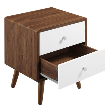 White mid-century 2-drawer nightstand with round silver knobs.