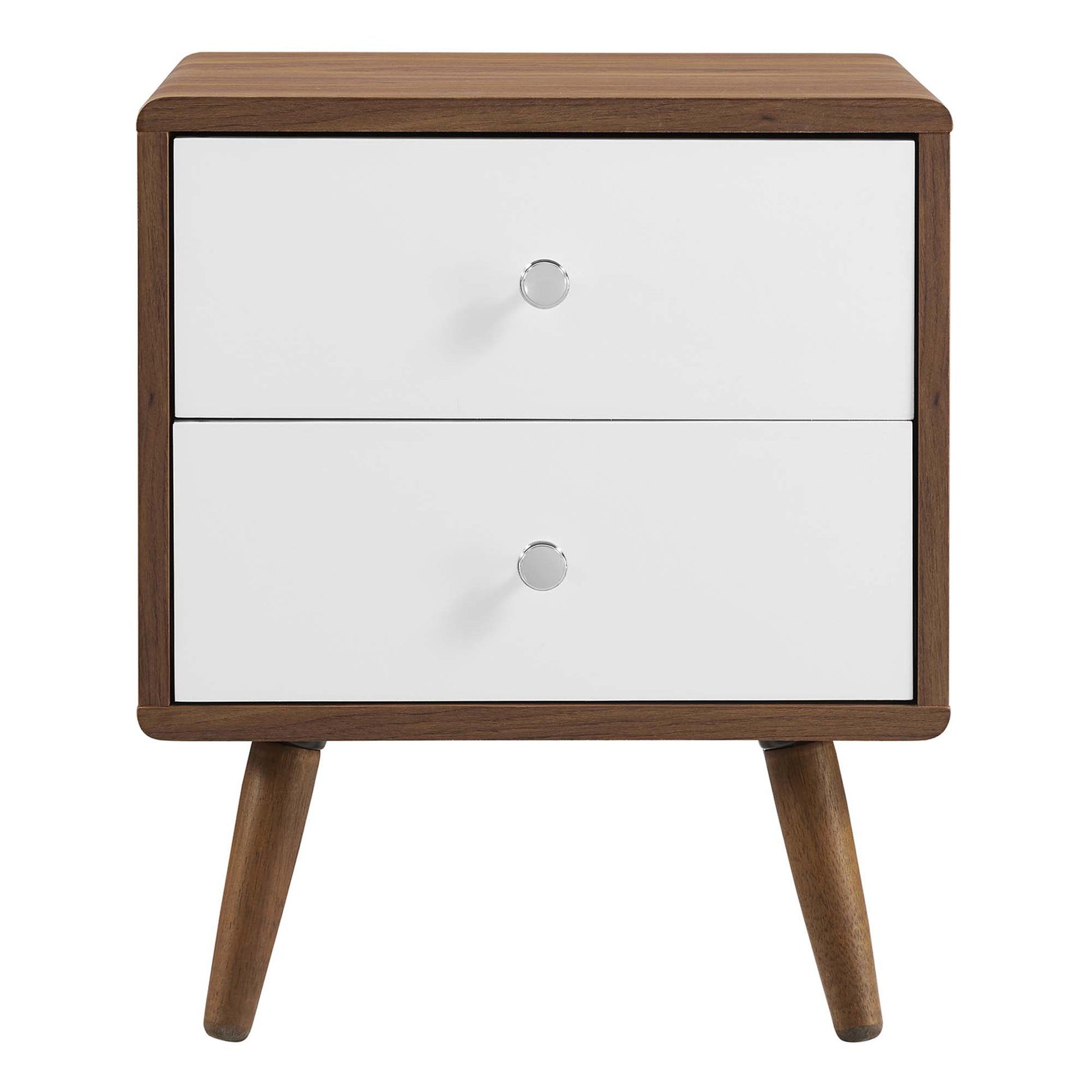 White two-drawer nightstand with round knobs and tapered legs.