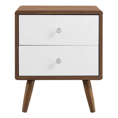 White two-drawer nightstand with round knobs and tapered legs.