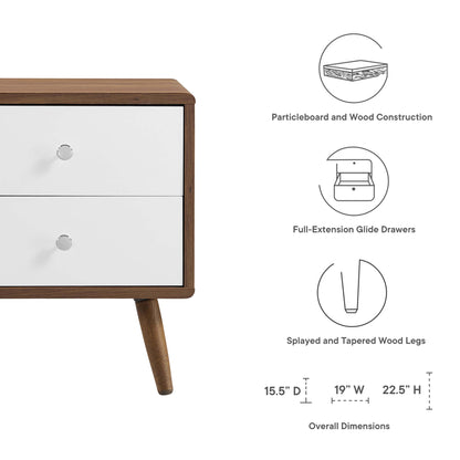 Walnut wood framed nightstand with two white drawers, round metal knobs, splayed legs, mid-century style; full-extension drawers.