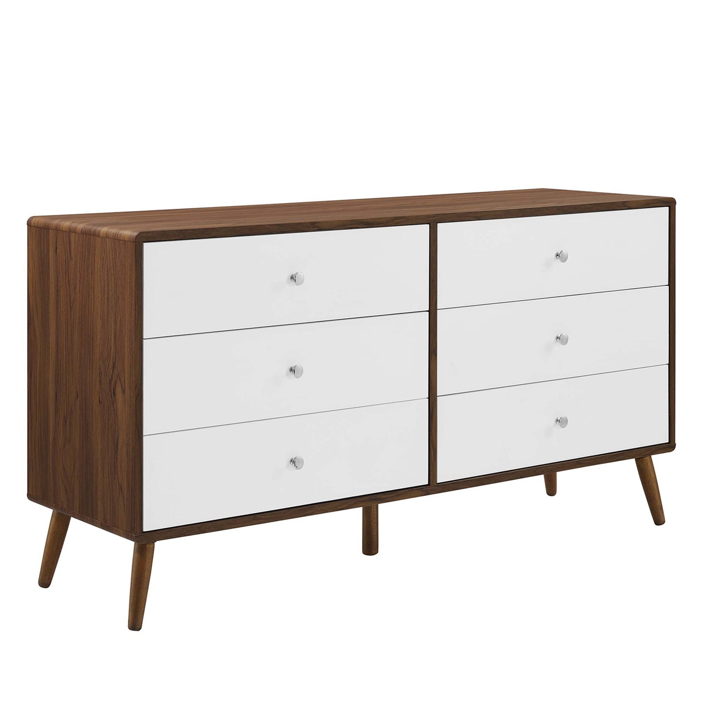 White dresser with six drawers, mid-century modern style and tapered legs.