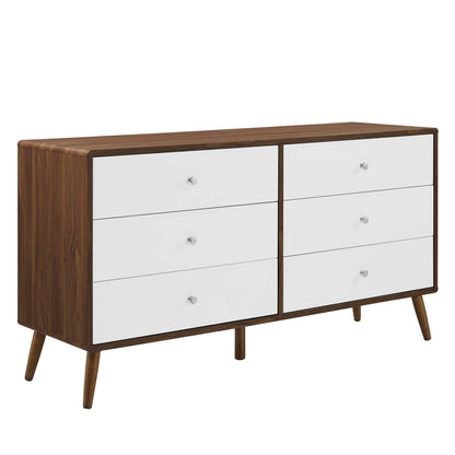 White dresser with six drawers, mid-century modern style and tapered legs.