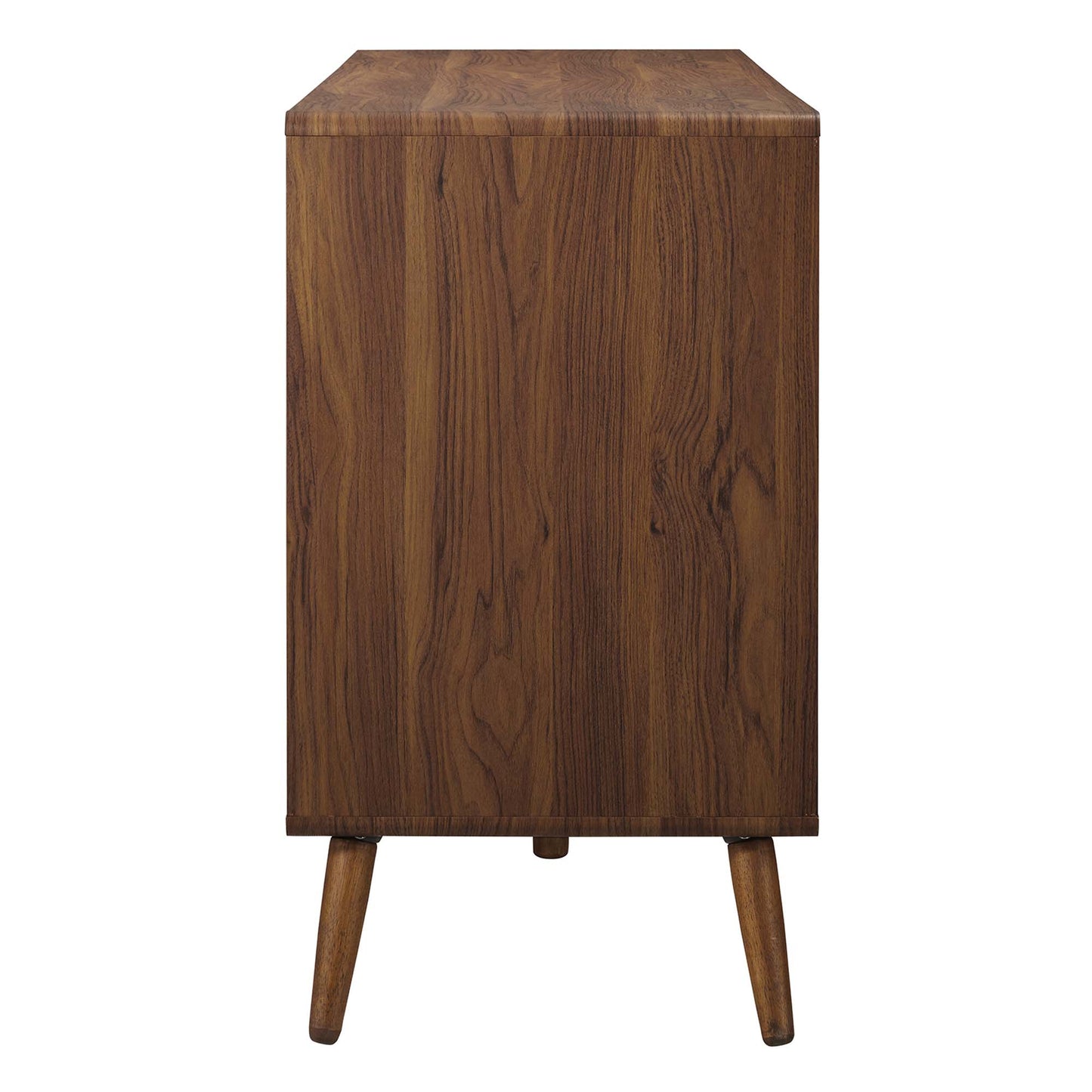 Mid-century walnut wood cabinet on three tapered legs with a rectangular boxy silhouette.