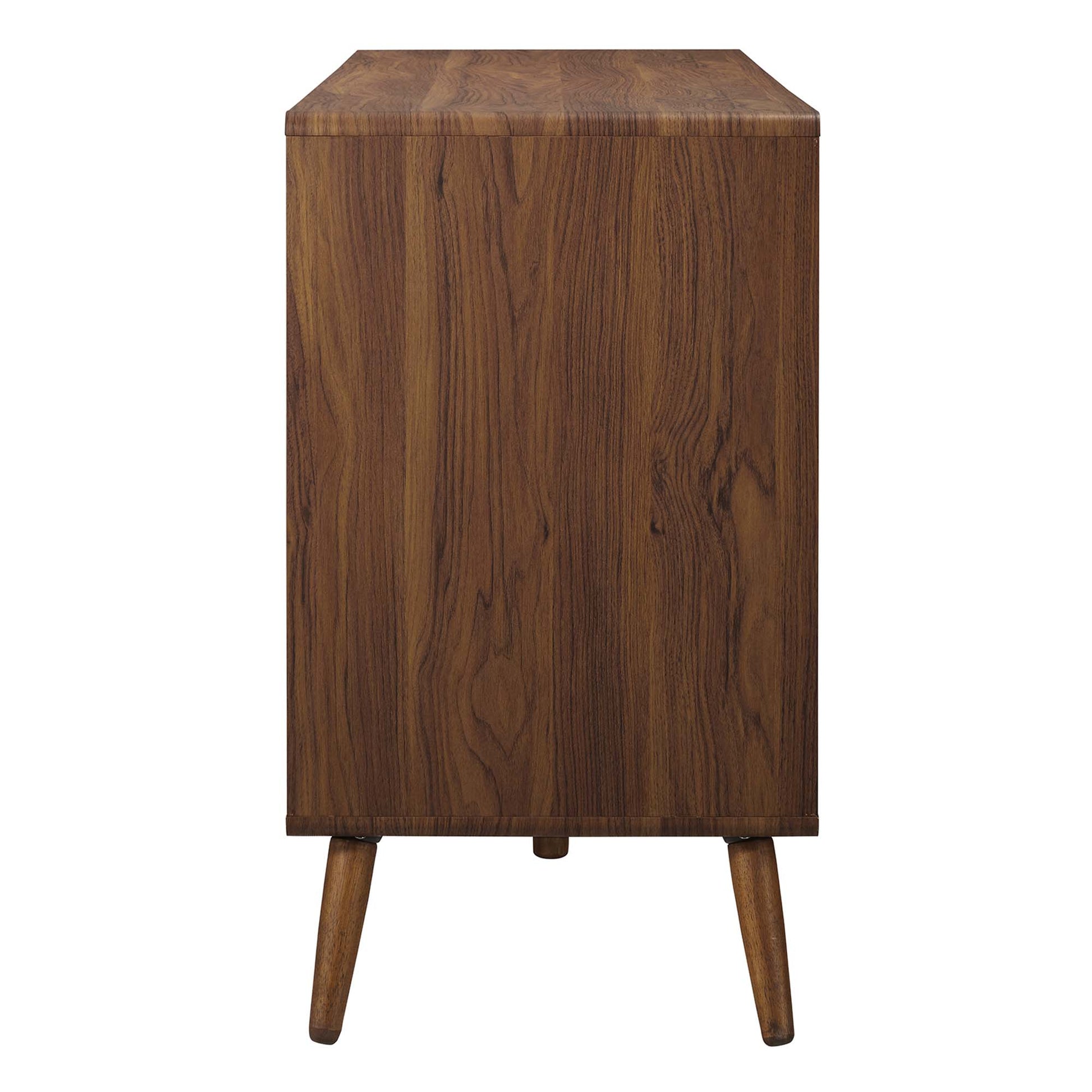Mid-century walnut wood cabinet on three tapered legs with a rectangular boxy silhouette.