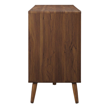 Mid-century walnut wood cabinet on three tapered legs with a rectangular boxy silhouette.