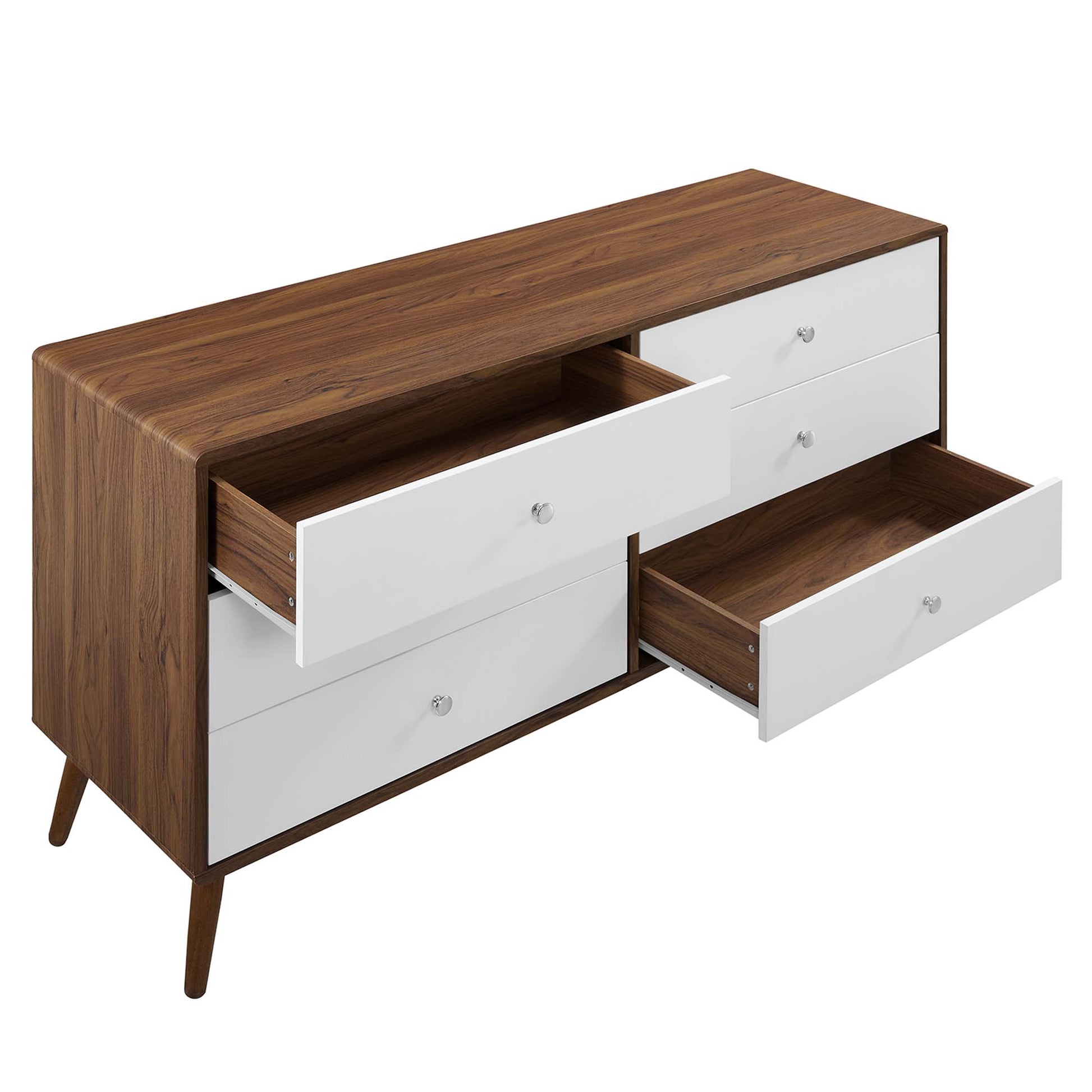 White six-drawer mid-century modern dresser with crystal knobs & tapered legs