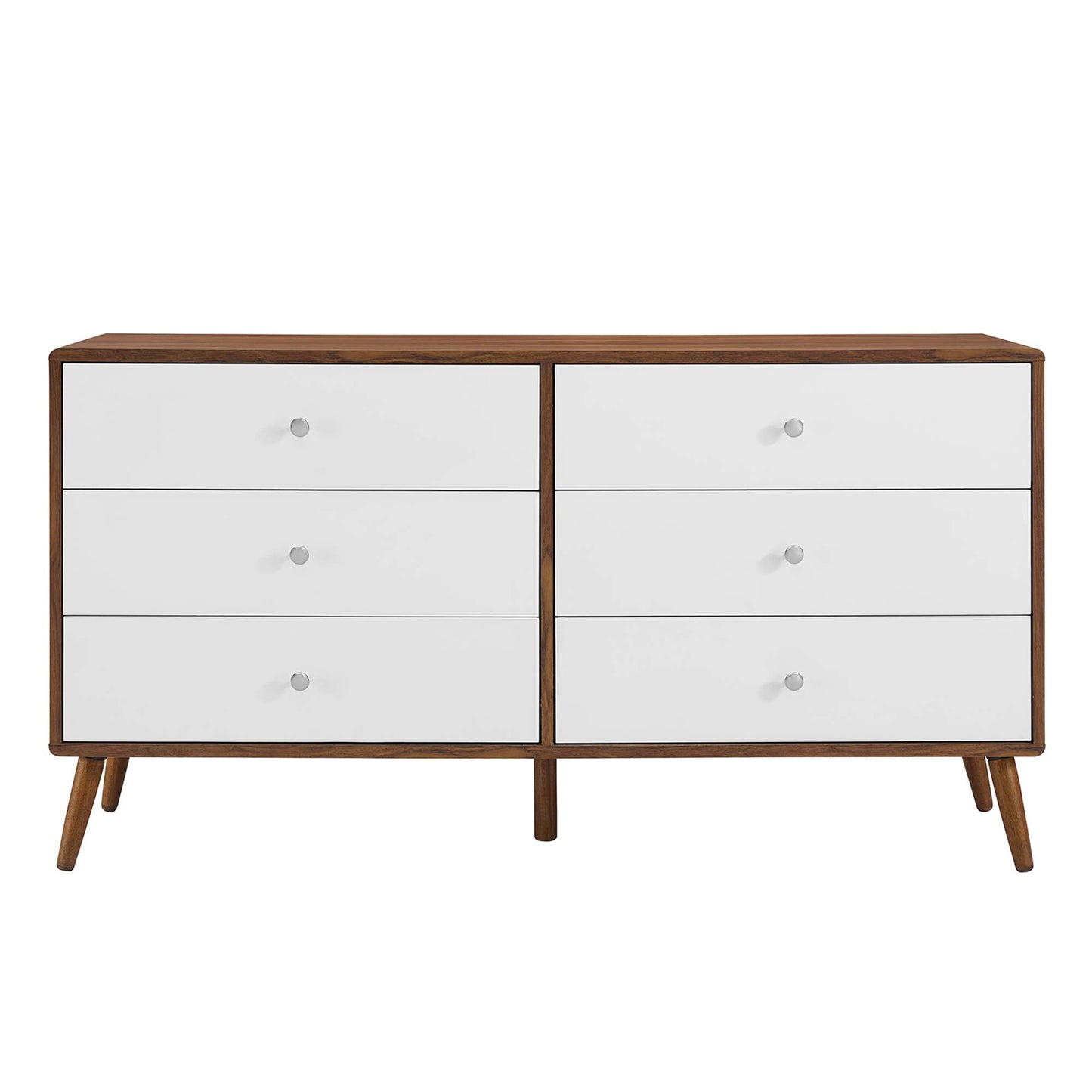 Mid-century white dresser with six drawers, round knobs, angled legs.