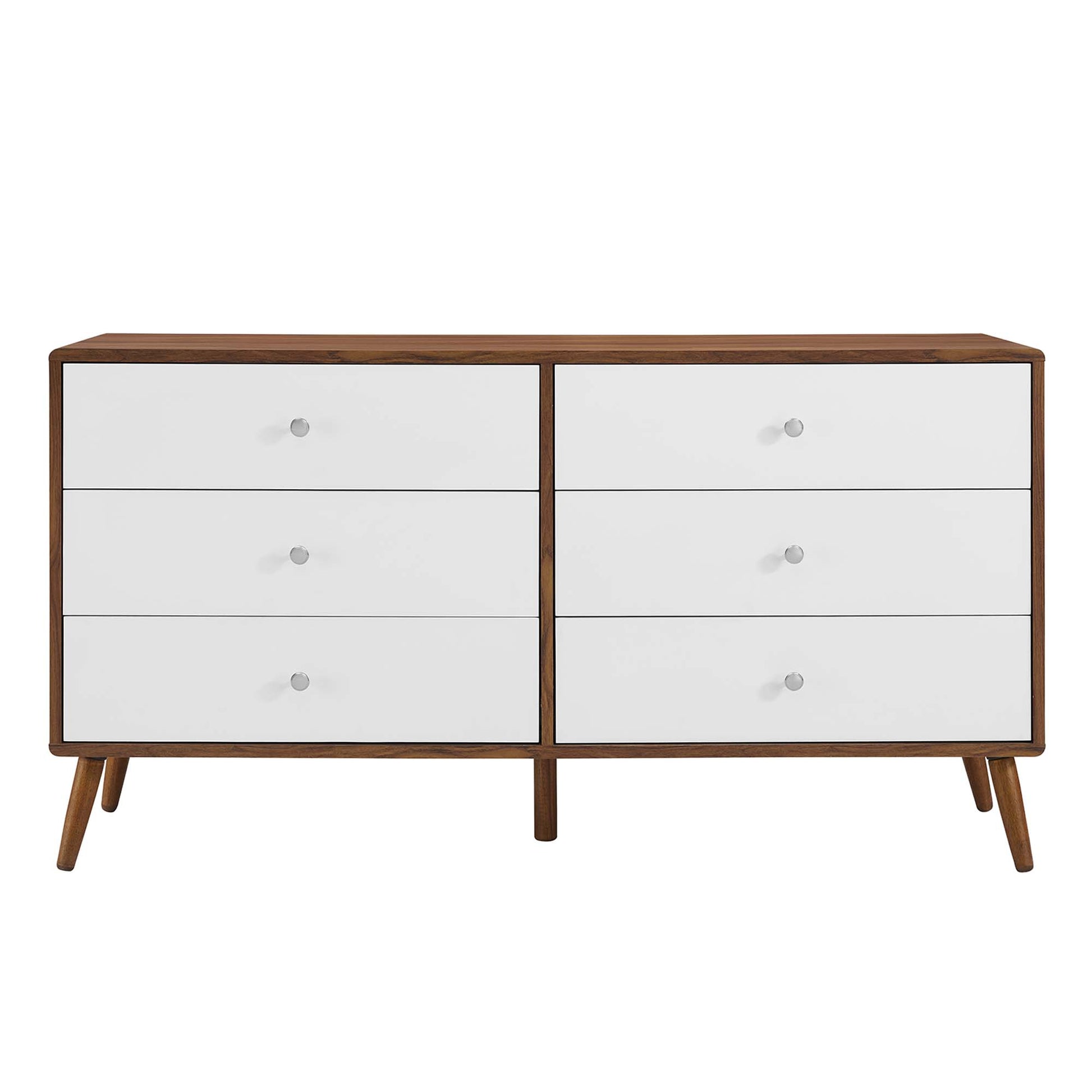 Mid-century white dresser with six drawers, round knobs, angled legs.