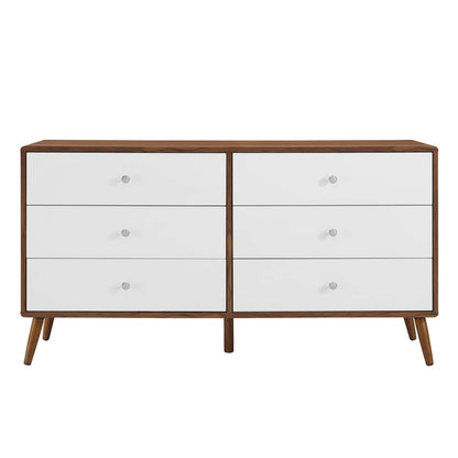 Mid-century white dresser with six drawers, round knobs, angled legs.