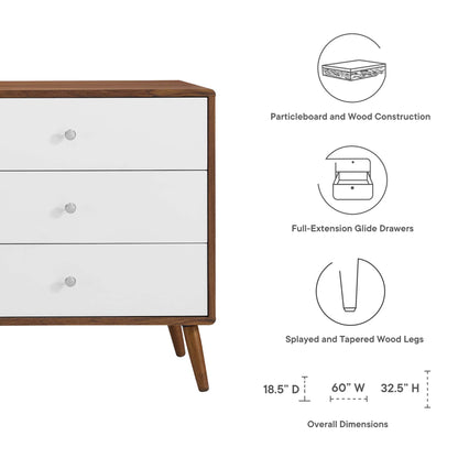 Walnut wood framed, white 3-drawer dresser with round knobs and splayed tapered legs; mid-century modern.