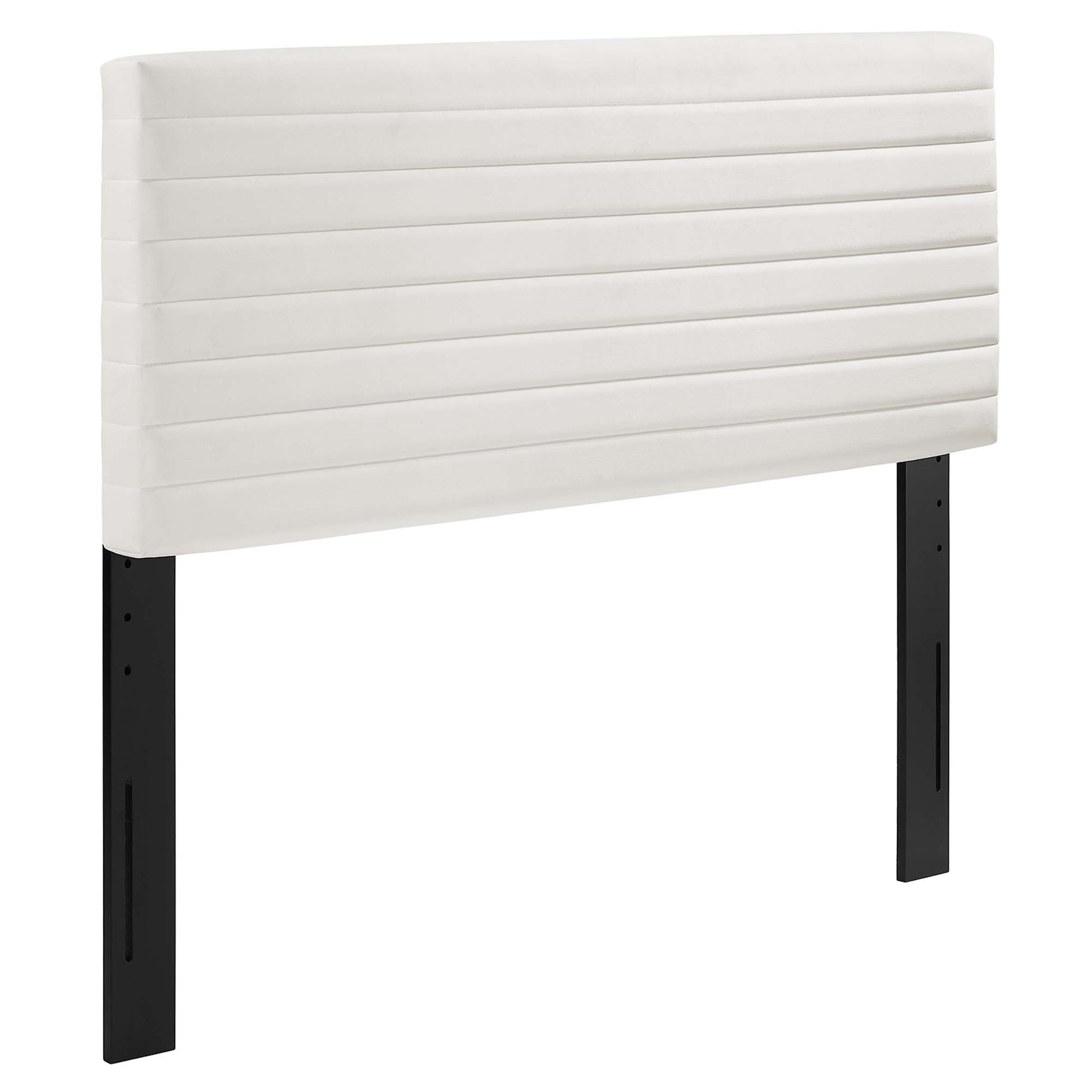 White upholstered headboard with horizontal channel quilting, supported by black adjustable metal legs.