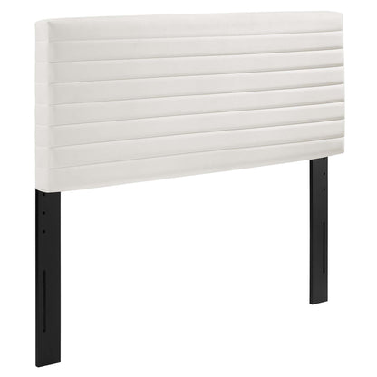 White upholstered headboard with horizontal channel quilting, supported by black adjustable metal legs.