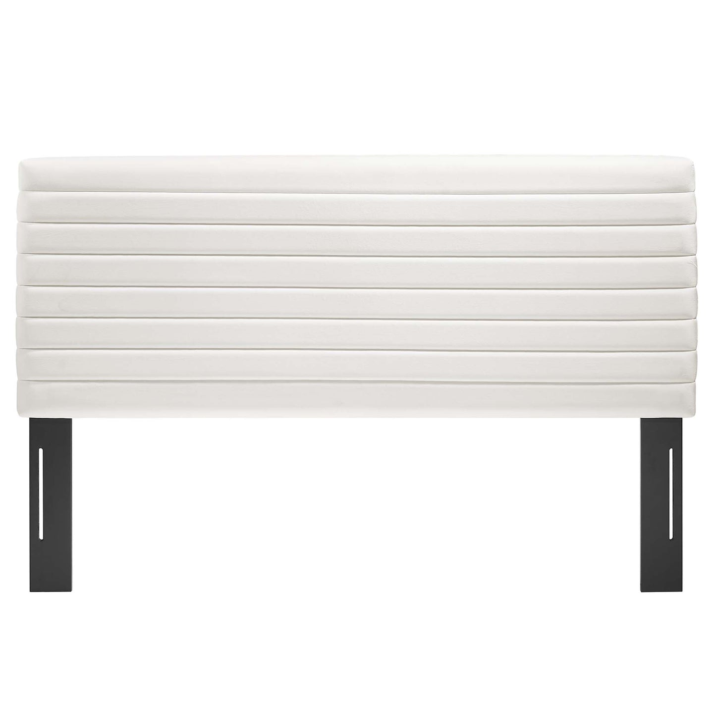 White upholstered headboard with horizontal channel tufting on black metal legs.