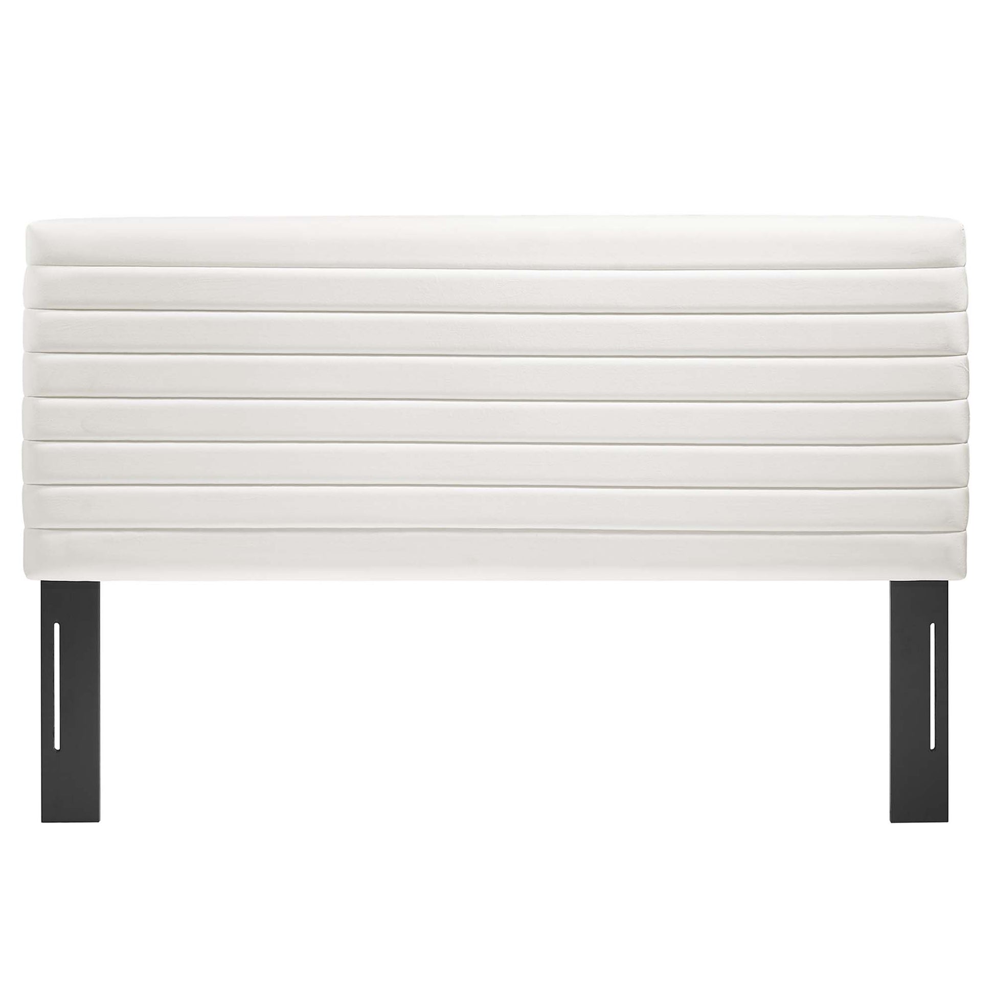 White upholstered headboard with horizontal channel tufting on black metal legs.