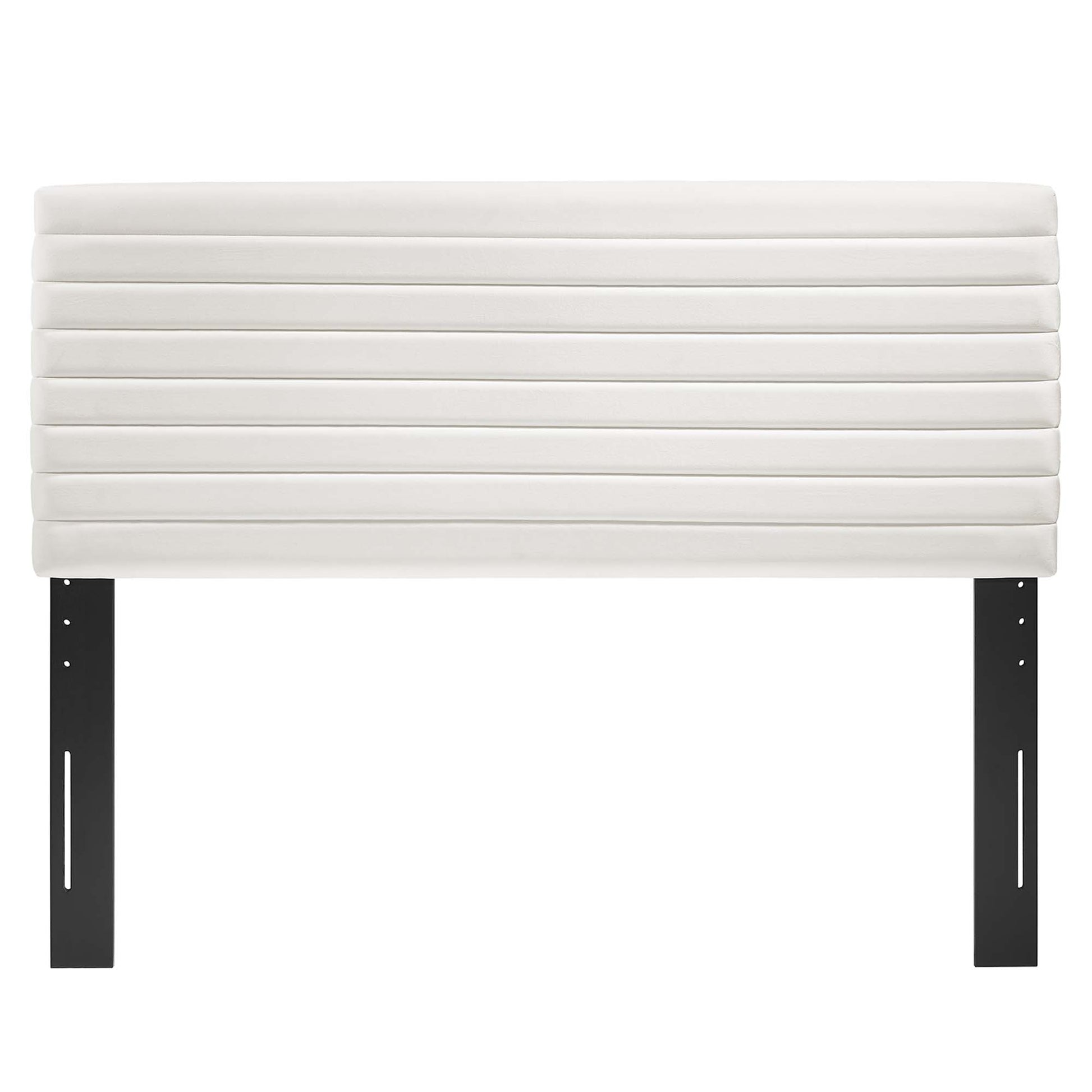 White padded headboard with horizontal channel stitching; black metal legs, modern headboard design.