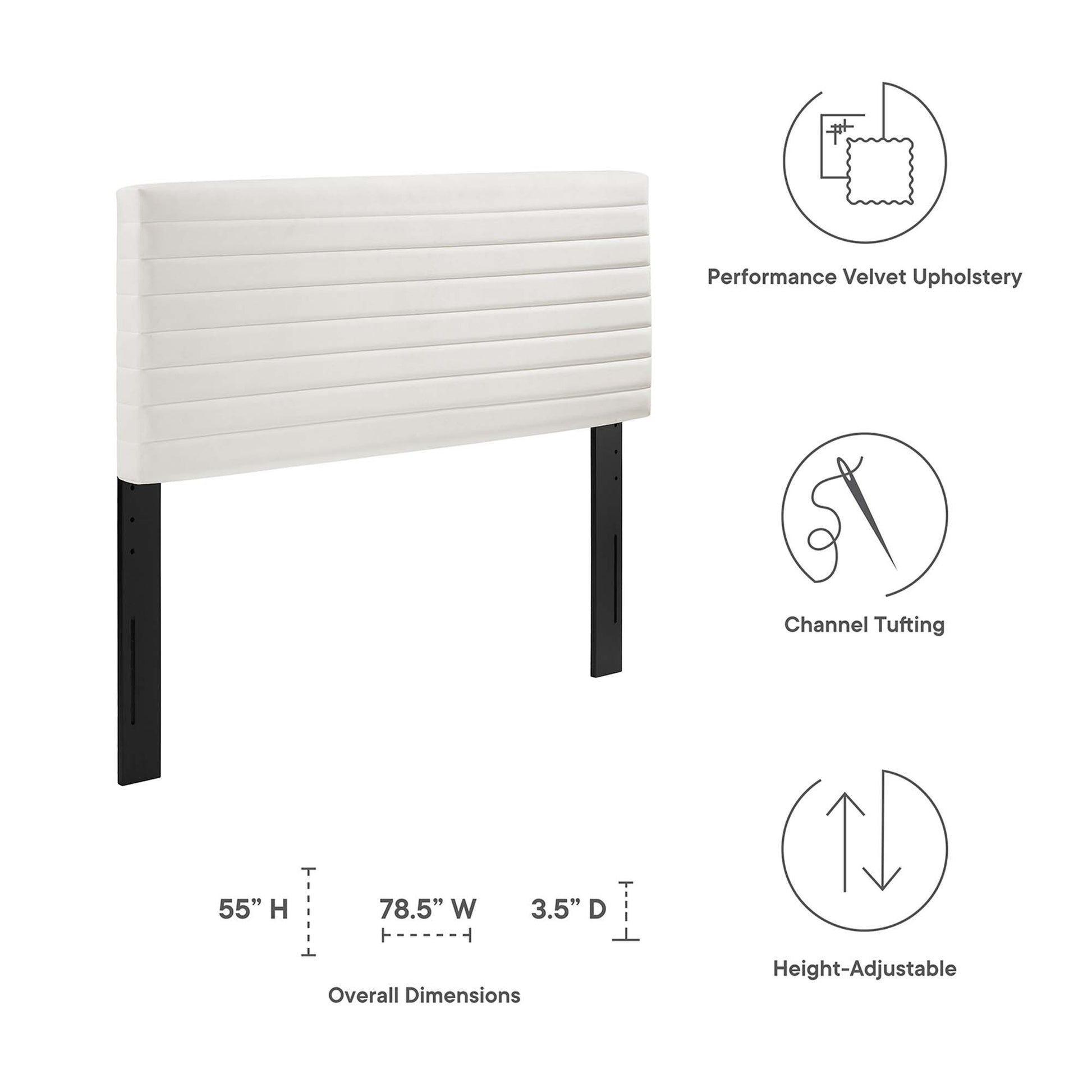 White performance velvet upholstered headboard with horizontal channel tufting, black metal legs, height-adjustable.
