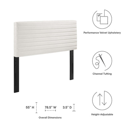 White performance velvet upholstered headboard with horizontal channel tufting, black metal legs, height-adjustable.