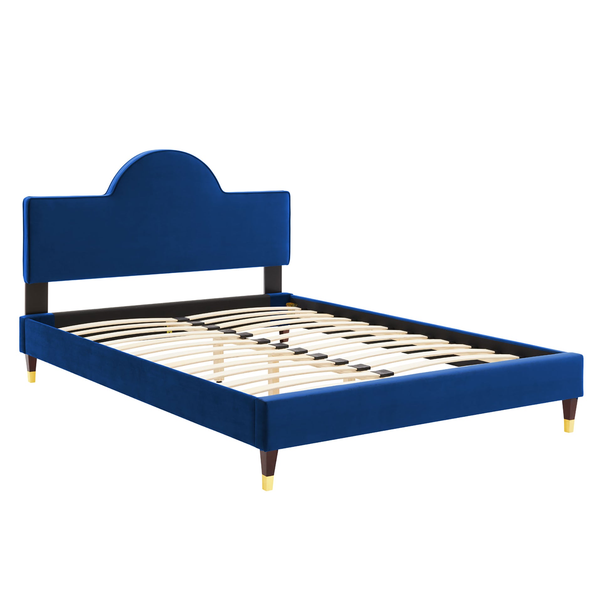 Navy blue upholstered full bed frame with curved headboard, solid wood slatted base, and tapered legs with brass tips.