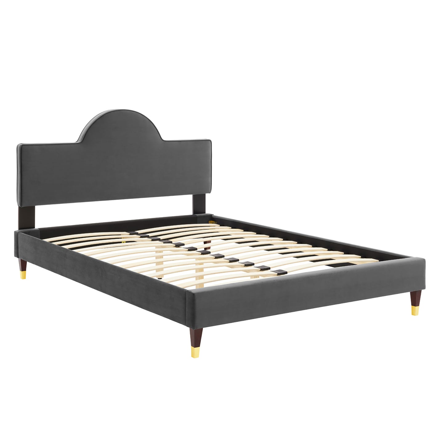 Gray upholstered king bed with curved headboard, wooden slat support and tapered legs with gold tips.
