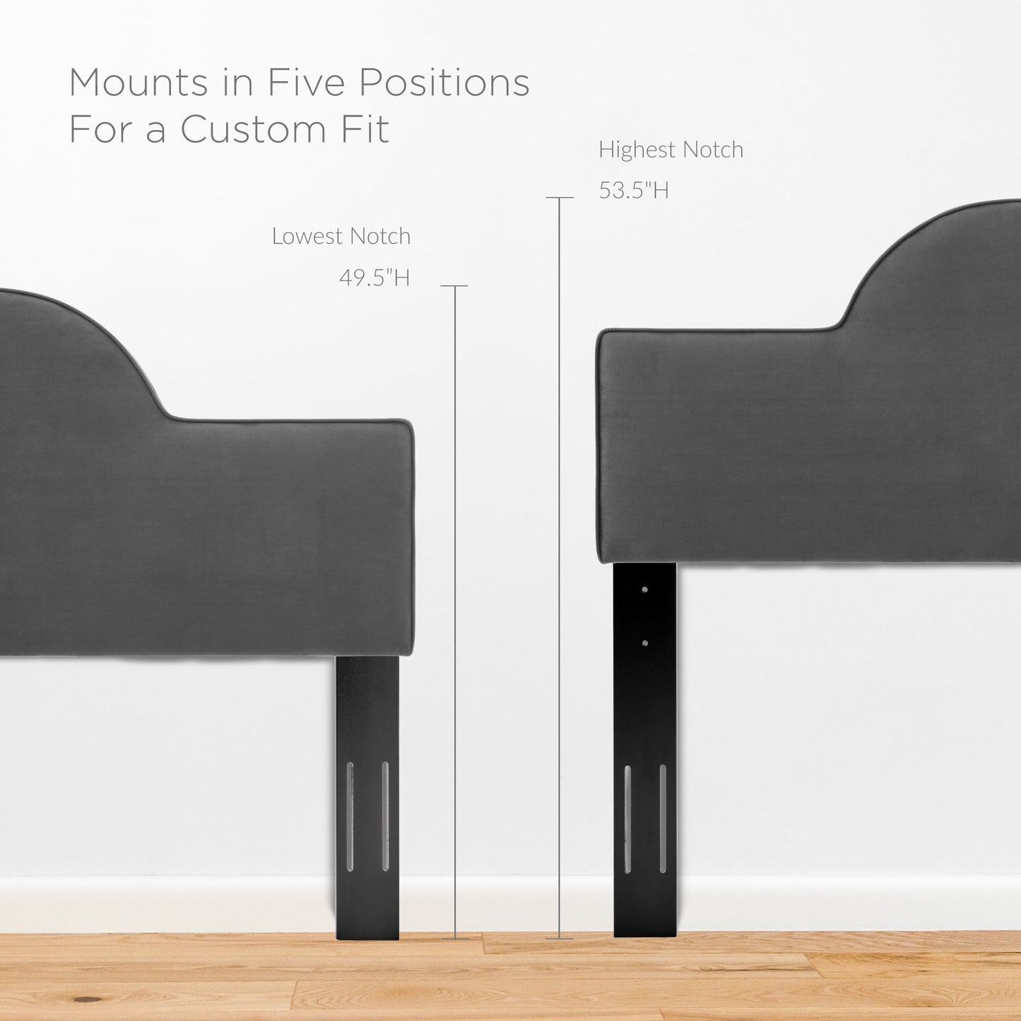 Two dark gray upholstered bed ends with curved tops on black adjustable legs, height options 49.5–53.5 inches.