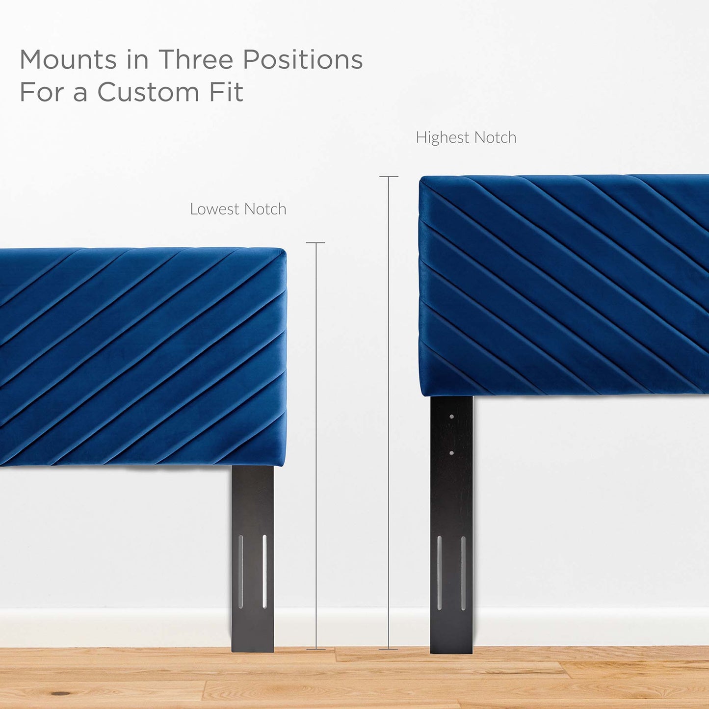 Blue performance velvet full platform bed with a quilted headboard featuring diagonal stitching, black metal legs, and three-position mounts for a custom fit.