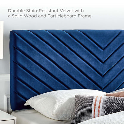 Navy blue velvet full platform bed with a diagonal chevron-tufted headboard and a solid wood and particleboard frame.