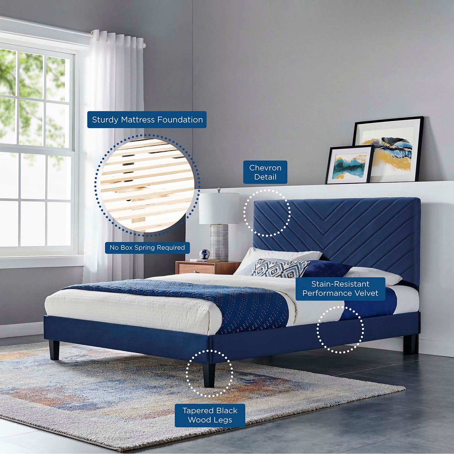Navy blue upholstered platform bed with chevron headboard, tapered black wood legs, stain-resistant velvet, modern bedroom.