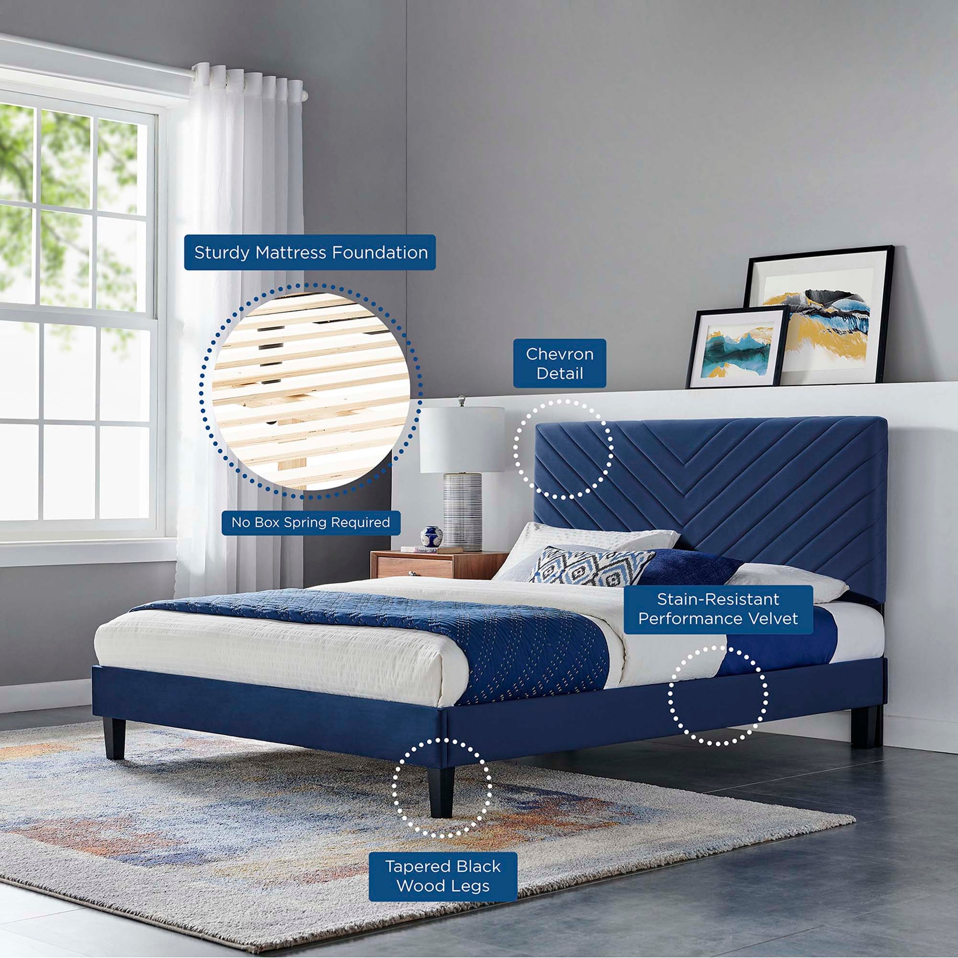 Navy blue upholstered platform bed with chevron headboard, tapered black wood legs, stain-resistant velvet, modern bedroom.