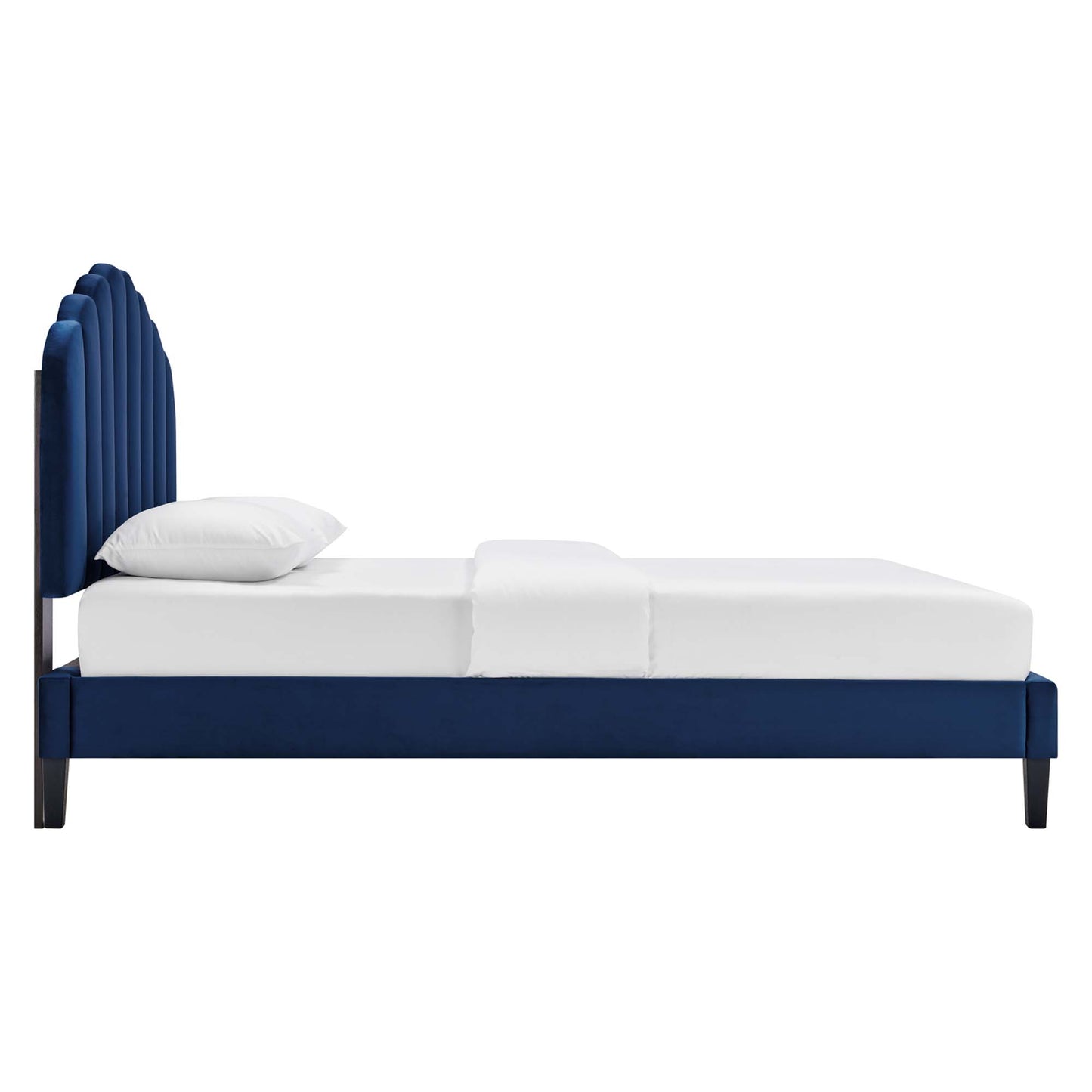 Navy blue upholstered platform bed with a curved sunburst headboard and white mattress set.
