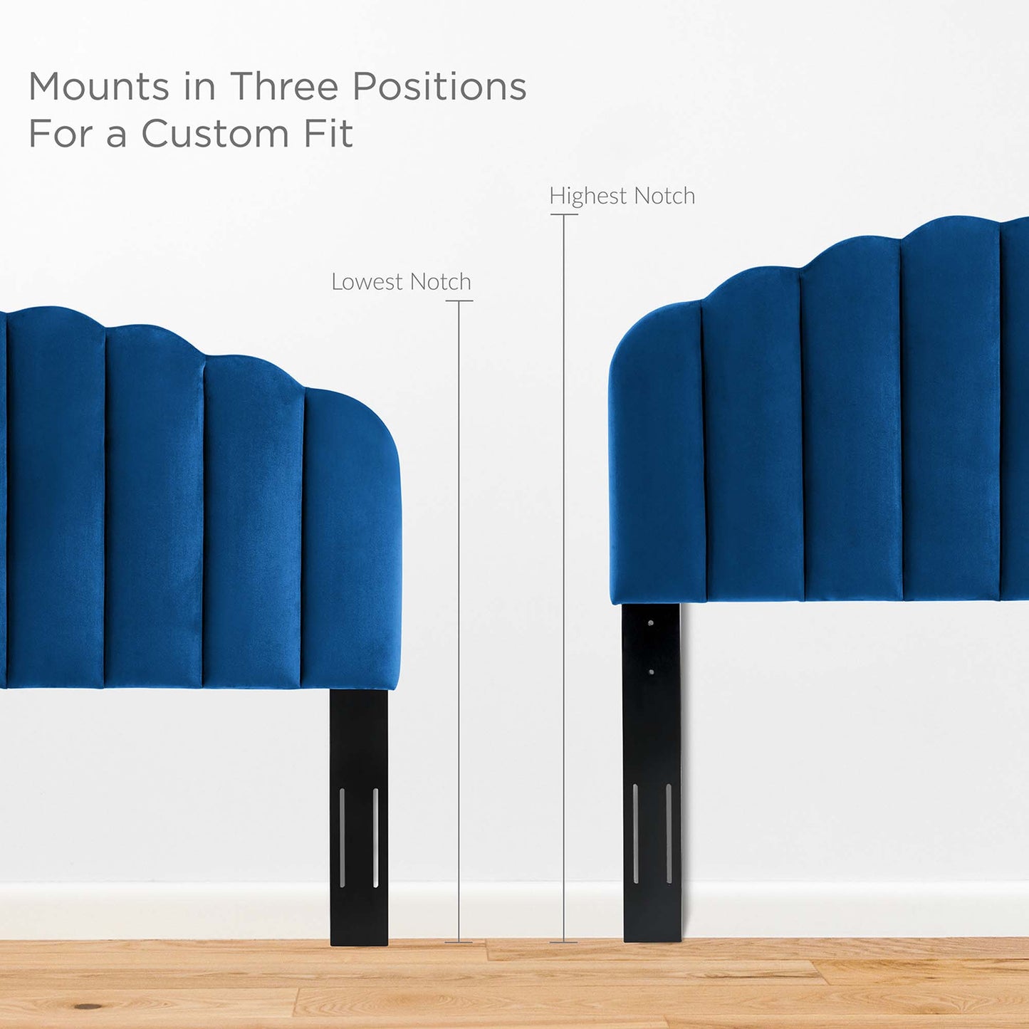Navy blue velvet full platform bed with a padded headboard.