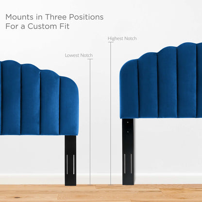 Navy blue velvet full platform bed with a padded headboard.
