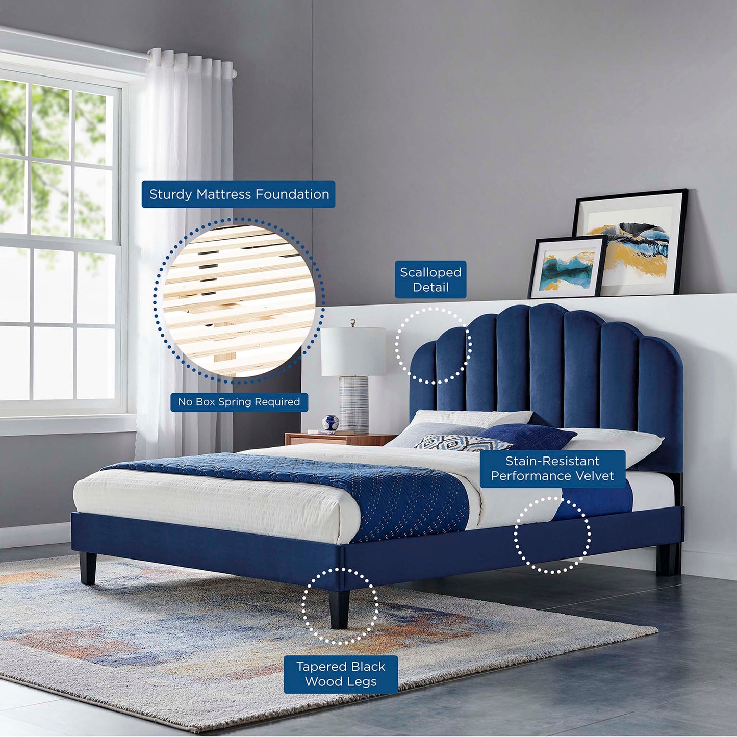Navy blue velvet full platform bed with scalloped headboard, tapered black wood legs, sturdy mattress foundation, modern bedroom setting.