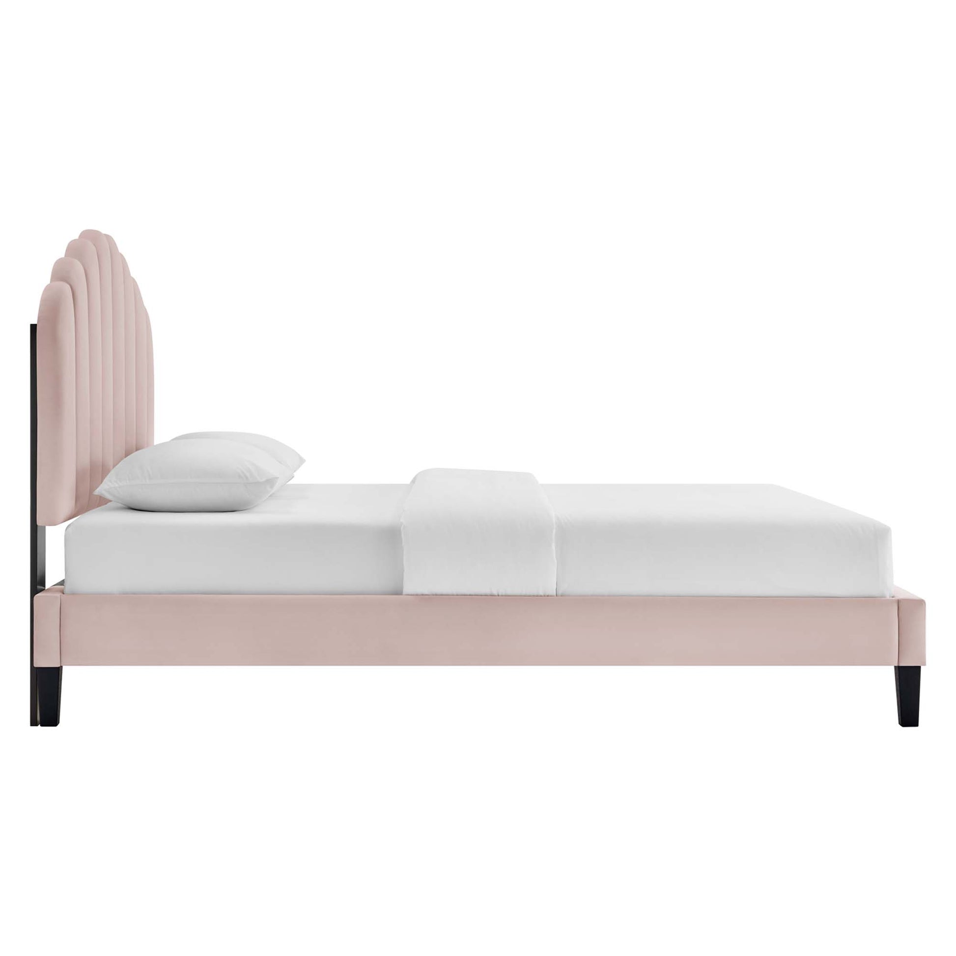 Pink fabric platform bed with tall curved arched headboard, white linens, black legs, modern & contemporary style.