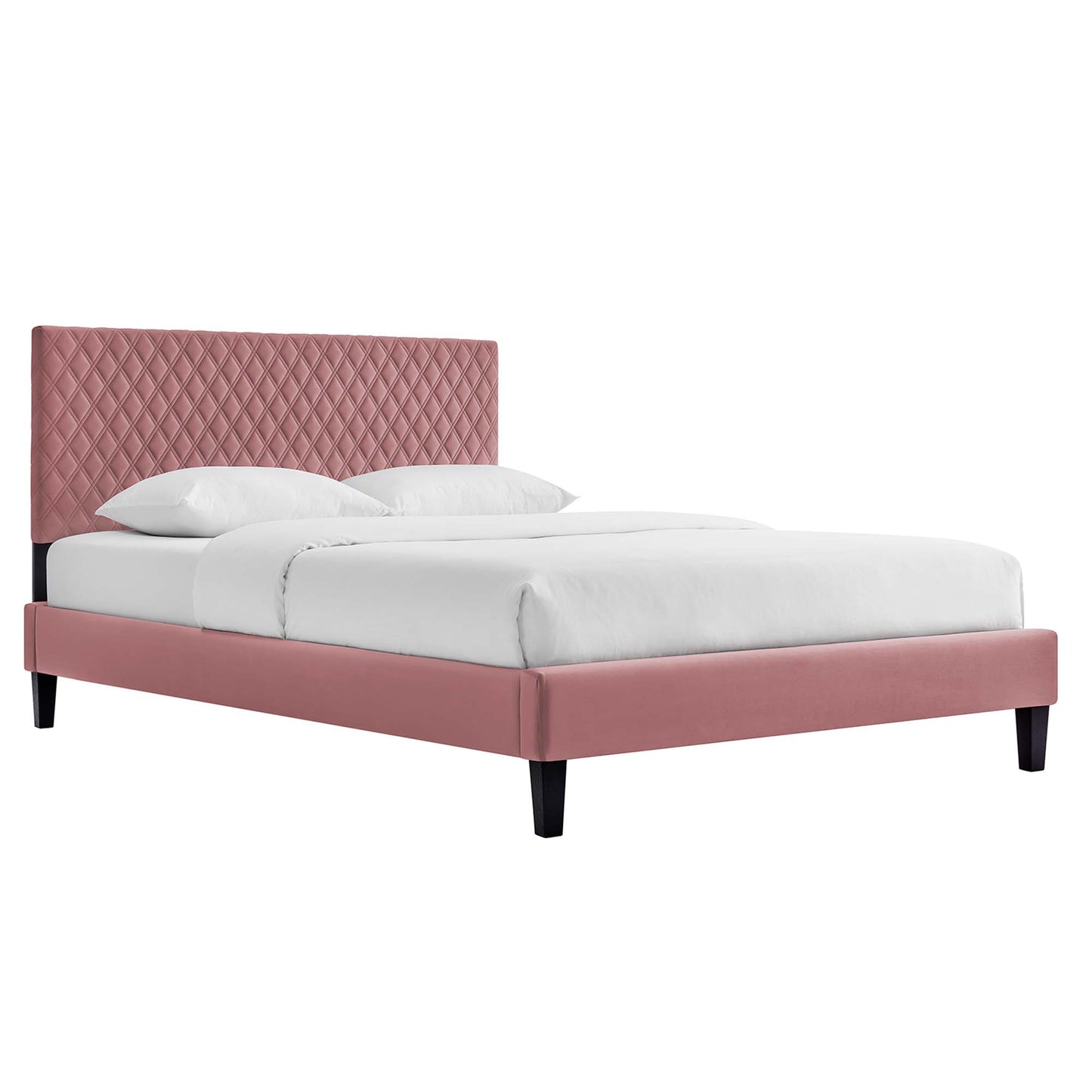 Dusty rose velvet king platform bed with a tall diamond-quilted headboard, black tapered legs, and white bedding.