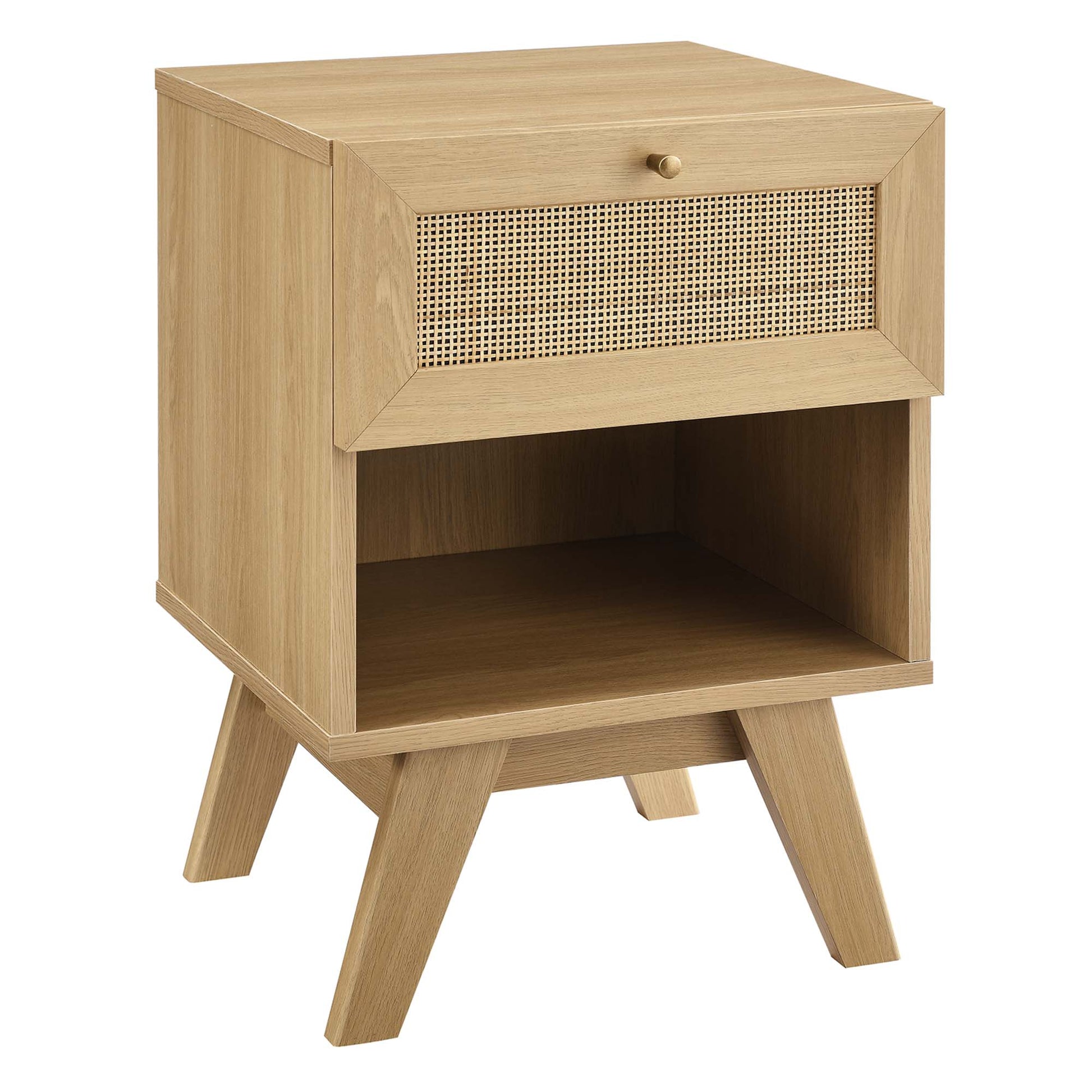 Oak-finish nightstand with a woven cane-front 1-drawer, open lower shelf and angled mid-century legs.