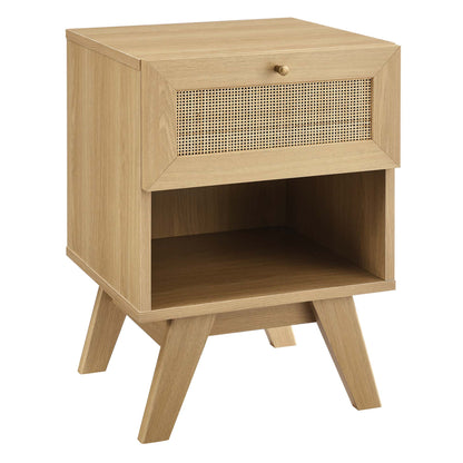 Oak-finish nightstand with a woven cane-front 1-drawer, open lower shelf and angled mid-century legs.