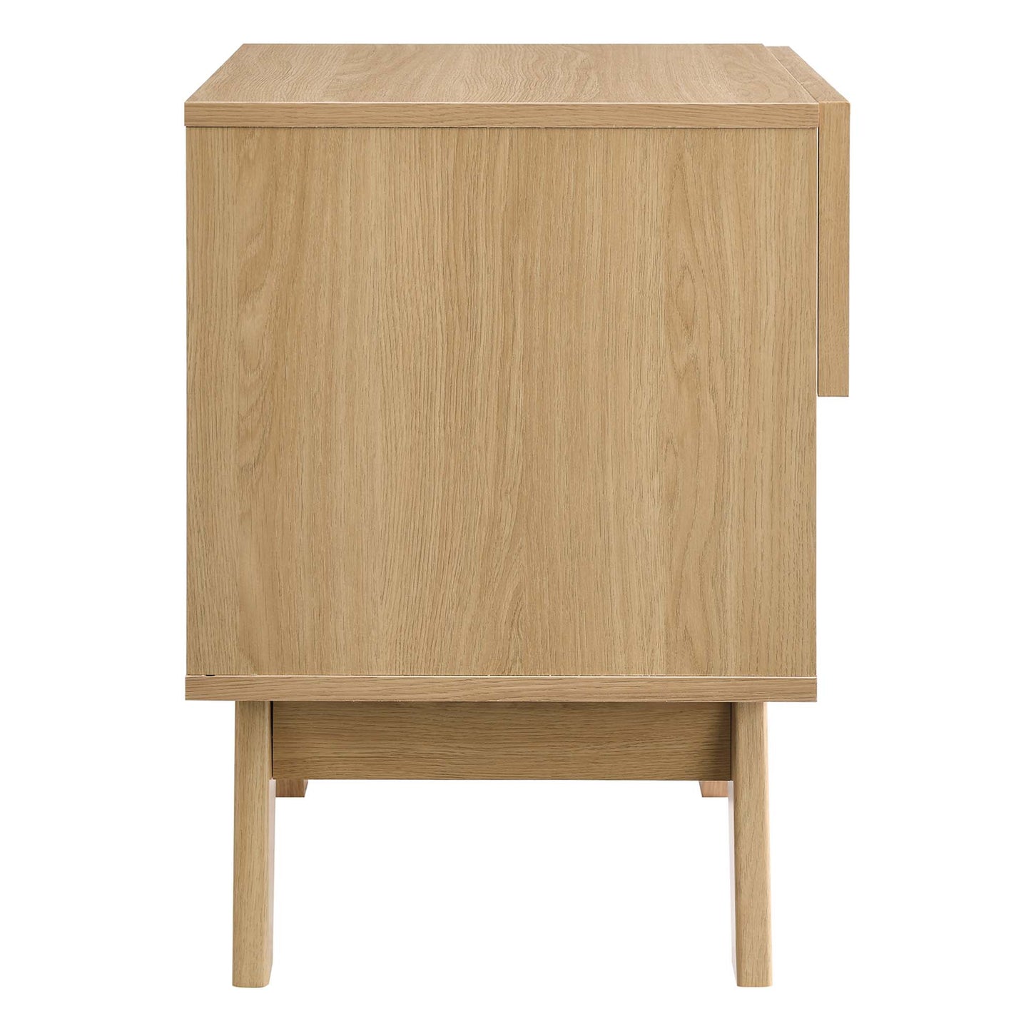Oak veneer bedside nightstand with a single front drawer & open lower shelf on tapered legs.