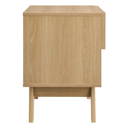 Oak veneer bedside nightstand with a single front drawer & open lower shelf on tapered legs.