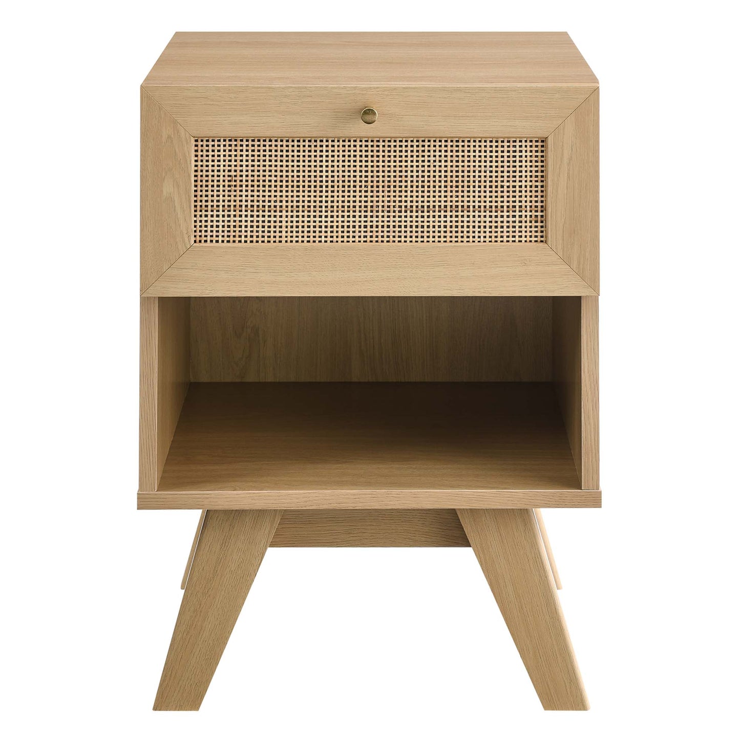 Oak mid-century nightstand with a woven cane front drawer, open lower shelf, and angled tapered legs.