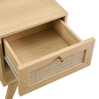 Brown oak mid-century nightstand with angled legs; open front drawer with woven cane panel and brass knob.