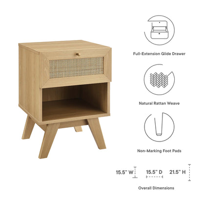 Oak wood nightstand with full-extension drawer featuring natural rattan weave, open lower shelf and angled legs.