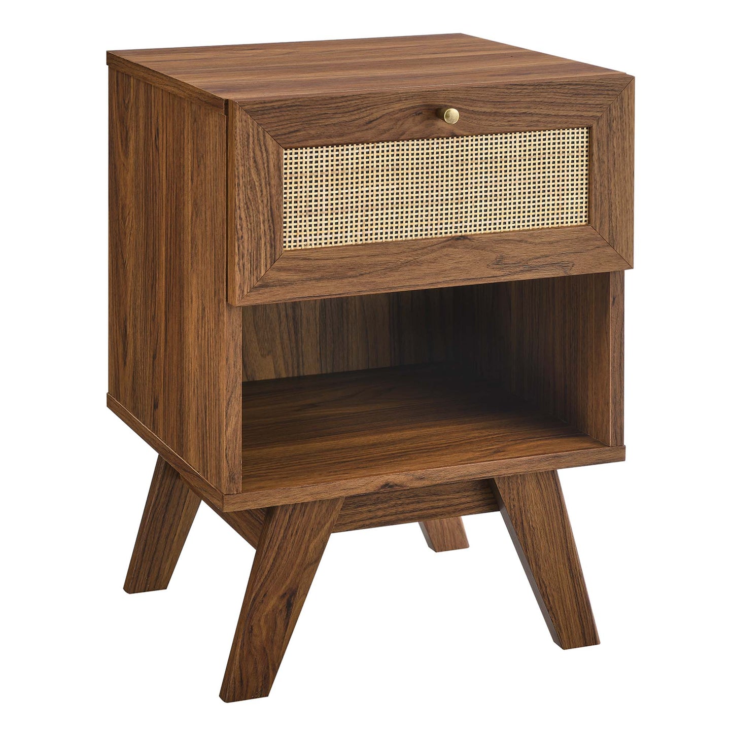 Walnut wood mid-century 1-drawer nightstand with cane-front drawer, open shelf, angled legs and brass knob.